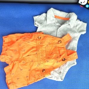 NWT Boys Baby Newborn Carter's Gray and Orange Boat Collared Top and Romper Set
